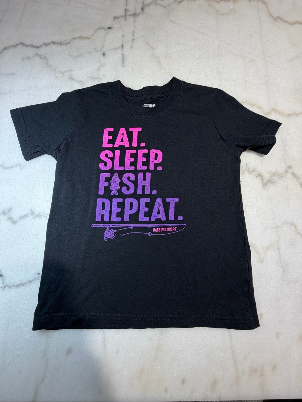 Bass Pro Shops Black Tee with Pink & Purple 'Eat. Sleep. Fish. Repeat.' Graphic